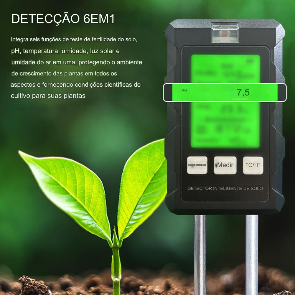 Testador de Solo 6 em 1 Ph, Umidade do Ar e do Solo, Iluminação, Temperatura e Qualidade de Solo - Loja Campeiro
